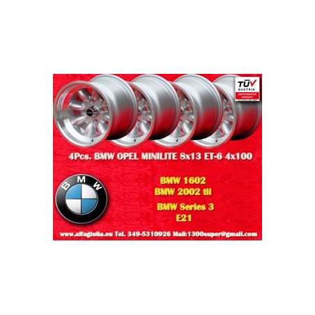 4 pcs. jantes BMW Minilite 8x13 ET-6 4x100 silver/diamond cut 1502-2002 tii, 3 E21