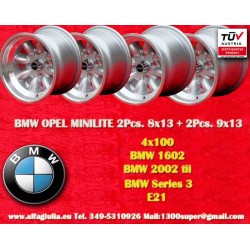 4 pcs. jantes BMW Minilite 8x13 ET-6 9x13 ET-12 4x100 silver/diamond cut 1502-2002 tii, 3 E21
