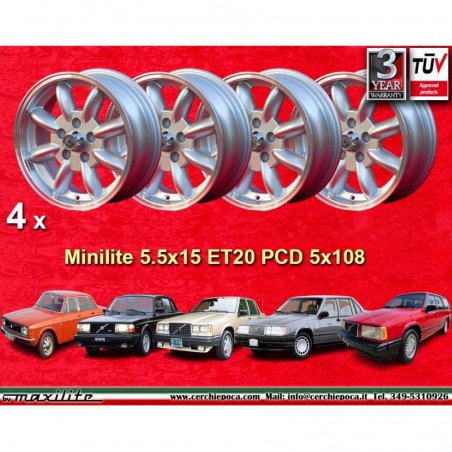 4 Felgen Minilite 5.5x15 5x108 Volvo serie 100 200 700 900 silver/diamond cut