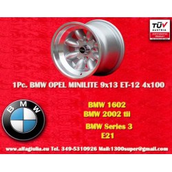 1 Stk Felge BMW Minilite 9x13 ET-12 4x100 silver/diamond cut 1502-2002 tii, 3 E21