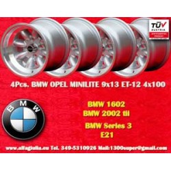 4 pz. cerchi BMW Minilite 9x13 ET-12 4x100 silver/diamond cut 1502-2002 tii, 3 E21