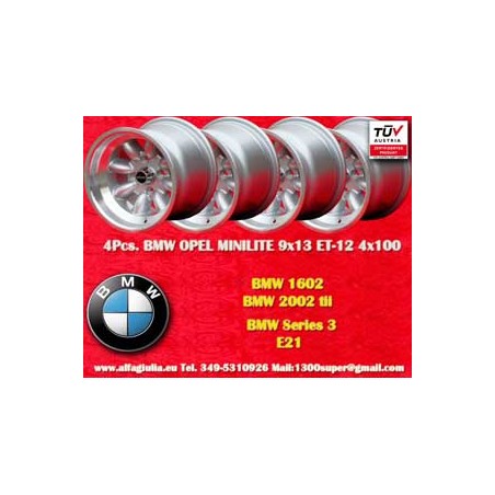 4 pcs. jantes BMW Minilite 9x13 ET-12 4x100 silver/diamond cut 1502-2002 tii, 3 E21