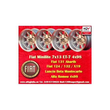 4 pz. cerchi Fiat Minilite 7x13 ET-7 4x98 silver/diamond cut 124 Berlina, Coupe, Spider, 125, 131