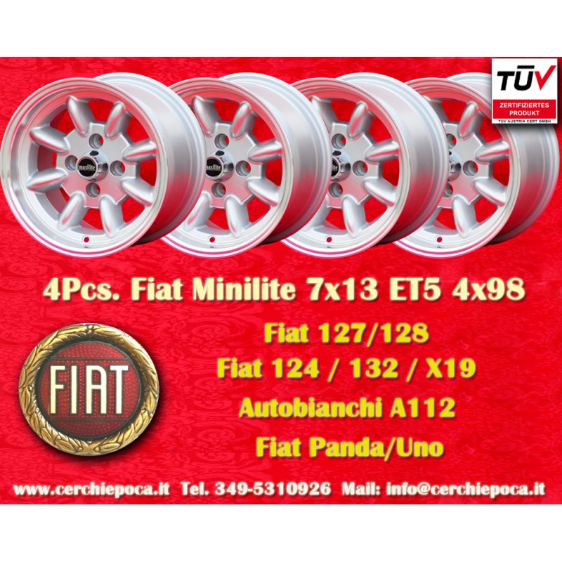 4 Stk Felgen Fiat Minilite 7x13 ET5 4x98 silver/diamond cut 124 Berlina, Coupe, Spider, 125, 131
