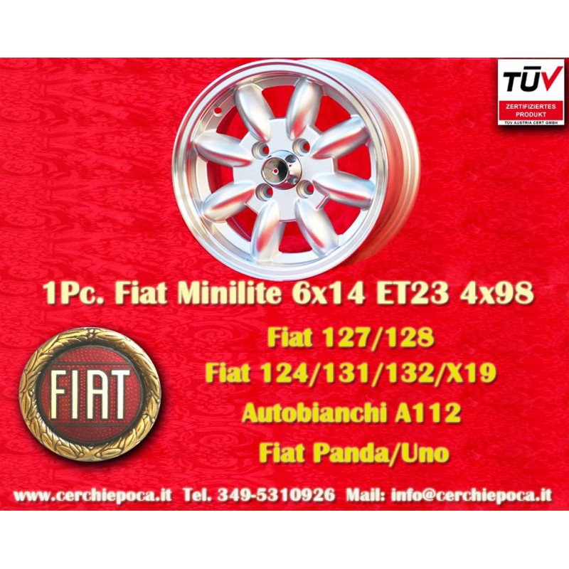 1 pz. cerchio Fiat Minilite 6x14 ET23 4x98 silver/diamond cut 124 Berlina, Coupe, Spider, 125, 127, 128, 131, X1 9
