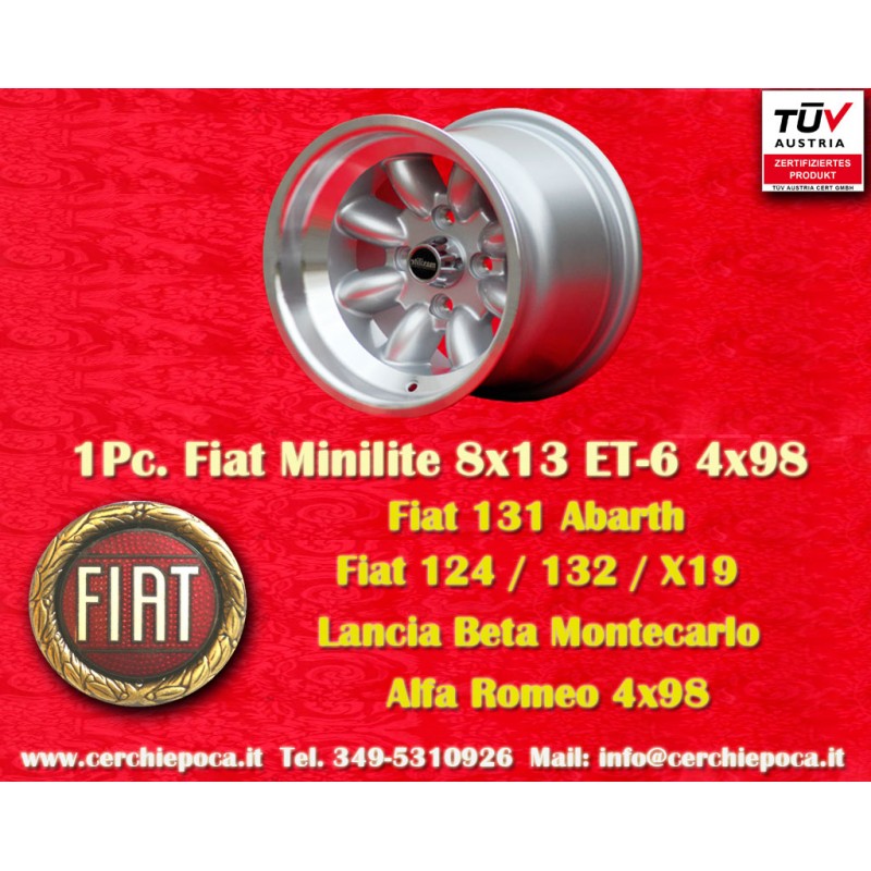 1 pc. wheel Fiat Minilite 8x13 ET-6 4x98 silver/diamond cut 124 Spider, Coupe, X1 9