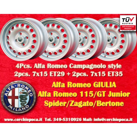 4 pcs. jantes Alfa Romeo Campagnolo 7x15 ET29 7x15 ET35 4x108 silver 105 Coupe, Spider, GTA, GTC, Montreal