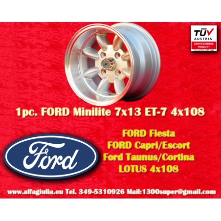 1 pc. jante Ford Minilite 7x13 ET-7 4x108 silver/diamond cut Escort Mk1-2, Capri, Cortina