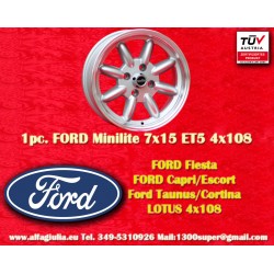 1 pz. cerchio Ford Minilite 7x15 ET5 4x108 silver/diamond cut Escort Mk1-2, Capri, Cortina