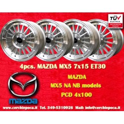 4 pcs. jantes Mazda WCHE 7x15 ET30 4x100 silver/diamond cut BMW 1502-2002 tii, 3 E30, Opel Kadett B-C, Manta, Ascona A-B