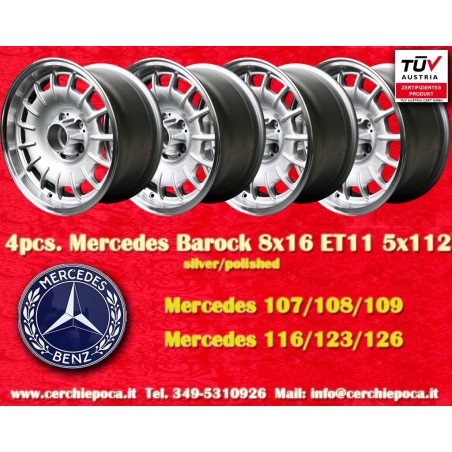 4 pz. cerchi Mercedes Barock 8x16 ET11 5x112 silver/polished 107 108 109 116 123 126