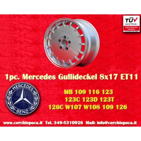 1 pc. wheel Mercedes Gullideckel 8x17 ET11 5x112 silver/diamond cut 107 108 109 116 123 126