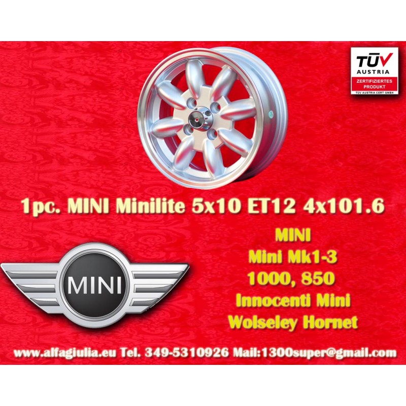 1 pz. cerchio Mini Minilite 5x10 ET12 4x101.6 silver/diamond cut Mini Mk1-3, 850, 1000