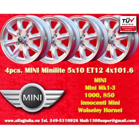 4 pcs. wheels Mini Minilite 5x10 ET12 4x101.6 silver/diamond cut Mini Mk1-3 850 1000