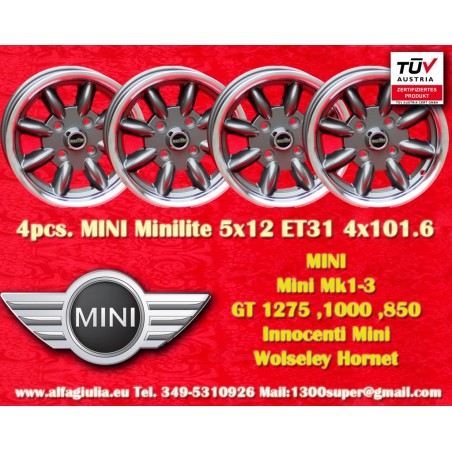 4 Stk Felgen Mini Minilite 5x12 ET31 4x101.6 anthracite/diamond cut Mini Mk1-3, 850, 1000, 1275 GT