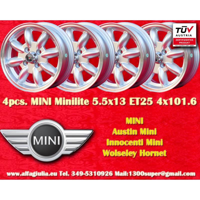 4 pz. cerchi Mini Minilite 5.5x13 ET25 4x101.6 silver/diamond cut Mini Mk1-3