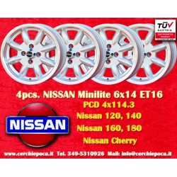 4 pz. cerchi Nissan Minilite 6x14 ET22 4x114.3 silver/diamond cut MBG, TR2-TR6, Saab 99,Toyota Corolla,Starlet,Carina
