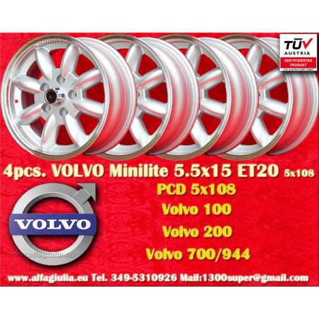 4 pz. cerchi Volvo Minilite 5.5x15 ET20 5x108 silver/diamond cut Series 100, 200, 700, 900