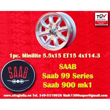 1 pz. cerchio Saab Minilite 5.5x15 ET15 4x114.3 silver/diamond cut MBG, TR2-TR6, Saab 99
