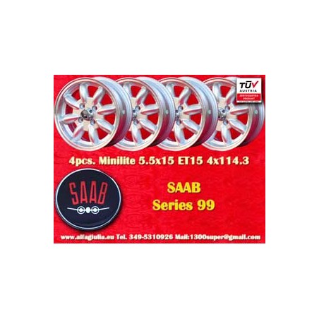 4 pcs. wheels Saab Minilite 5.5x15 ET15 4x114.3 silver/diamond cut MBG, TR2-TR6, Saab 99