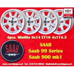 4 pcs. jantes Saab Minilite 6x14 ET22 4x114.3 silver/diamond cut MBG, TR2-TR6, Saab 99,Toyota Corolla,Starlet,Carina
