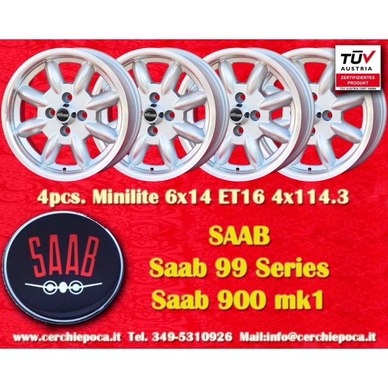 4 pz. cerchi Saab Minilite 6x14 ET22 4x114.3 silver/diamond cut MBG, TR2-TR6, Saab 99,Toyota Corolla,Starlet,Carina