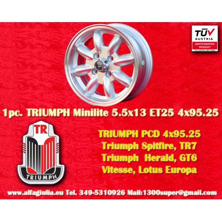 1 pc. jante Triumph Minilite 5.5x13 ET25 4x95.25 silver/diamond cut Spitfire, TR7, Herald, GT6, Vitesse