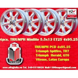 4 pz. cerchi Triumph Minilite 5.5x13 ET25 4x95.25 silver/diamond cut Spitfire, TR7, Herald, GT6, Vitesse