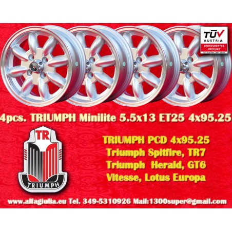 4 pcs. jantes Triumph Minilite 5.5x13 ET25 4x95.25 silver/diamond cut Spitfire, TR7, Herald, GT6, Vitesse