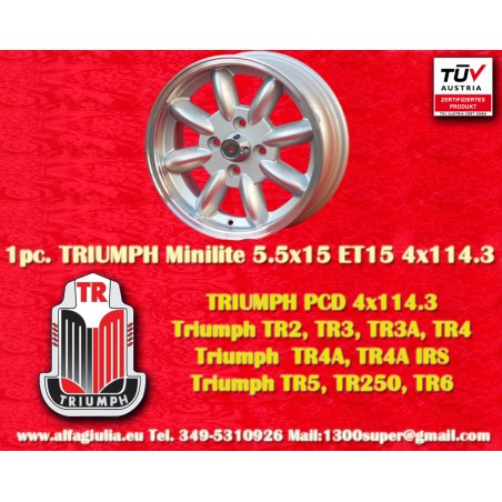 1 Stk Felge Triumph Minilite 5.5x15 ET15 4x114.3 silver/diamond cut MBG, TR2-TR6, Saab 99