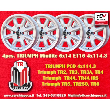 4 pz. cerchi Triumph Minilite 6x14 ET22 4x114.3 silver/diamond cut MBG, TR2-TR6, Saab 99,Toyota Corolla,Starlet,Carina