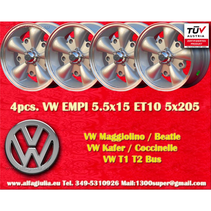 4 pcs. jantes Volkswagen EMPI 5.5x15 ET10 5x205 silver/diamond cut Beetle -67, T1, T2a