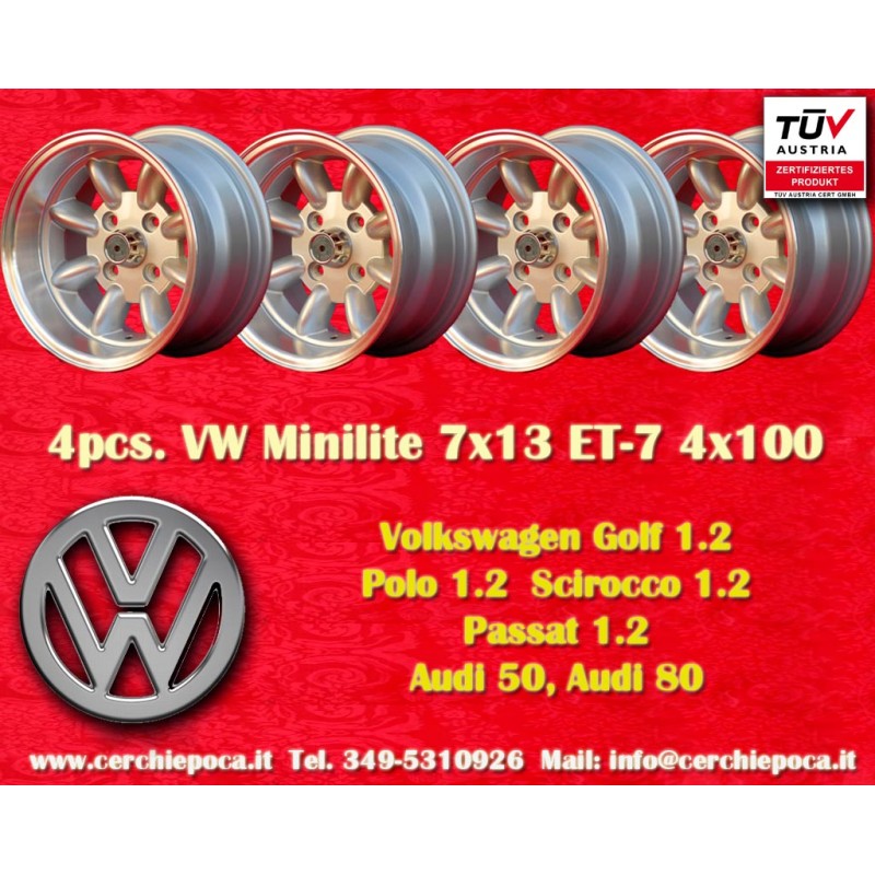4 pz. cerchi Volkswagen Minilite 7x13 ET-7 4x100 silver/diamond cut 1502-2002tii, 3 E21
